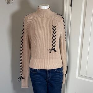 WISPR Plait Sweater mock neck ribbed knit black whipstitch lace up sz S